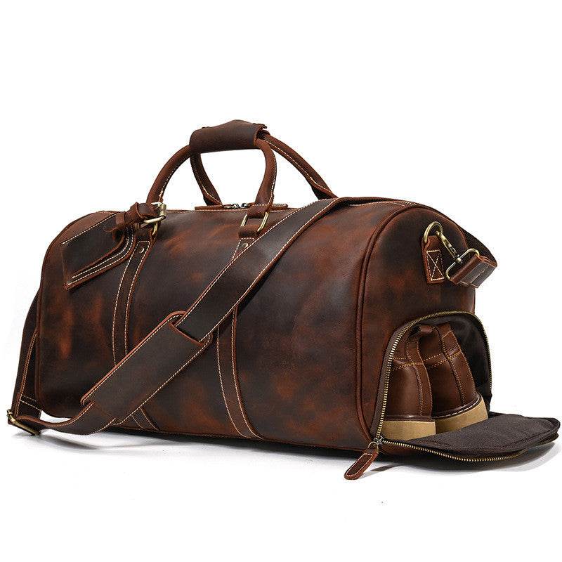Leather Travel Bag Crazy Horse Leather Retro Duffel Bag - Mubimart