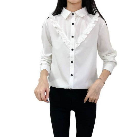 New Fashion All Match Ruffled Retro Solid Color Blouse Women - Mubimart