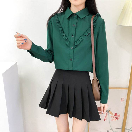 New Fashion All Match Ruffled Retro Solid Color Blouse Women - Mubimart