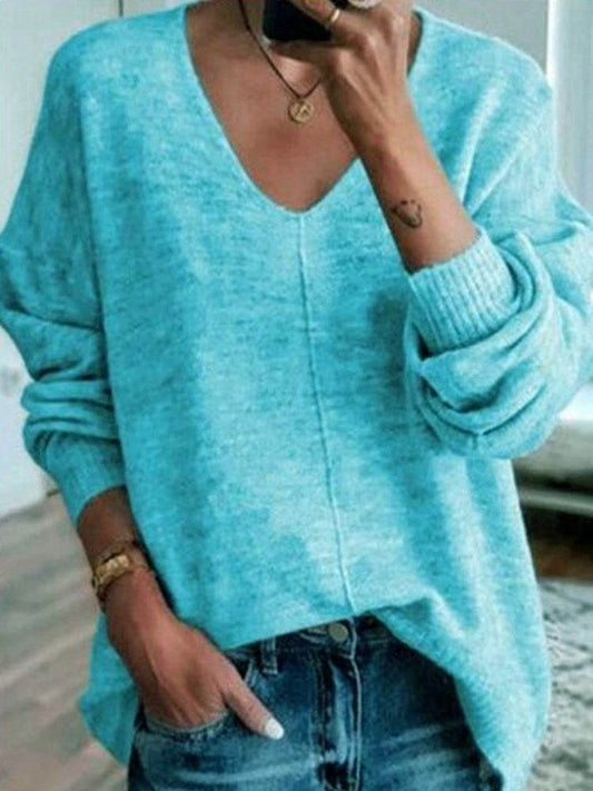 New V Neck Pullover Long Sleeved Plus Size Sweater - Mubimart