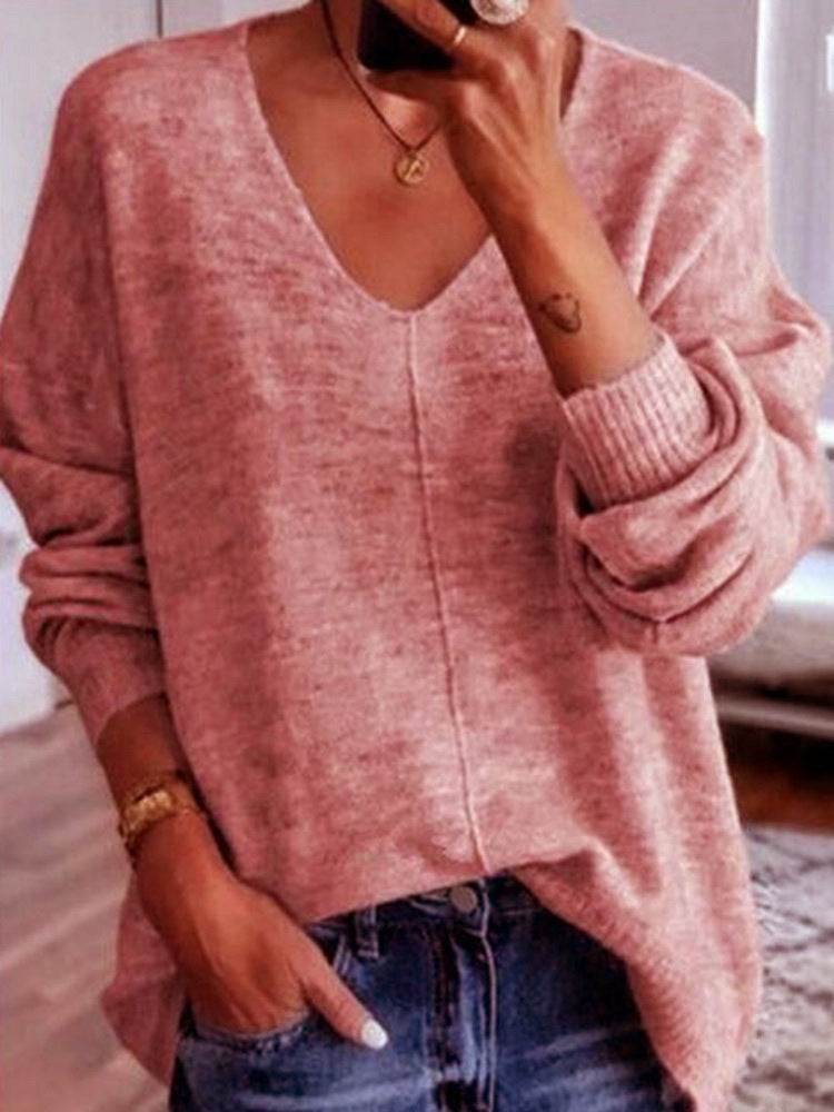 New V Neck Pullover Long Sleeved Plus Size Sweater - Mubimart
