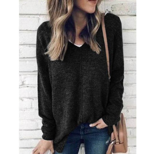 New V Neck Pullover Long Sleeved Plus Size Sweater - Mubimart