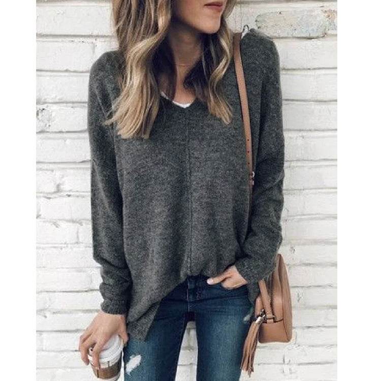 New V Neck Pullover Long Sleeved Plus Size Sweater - Mubimart