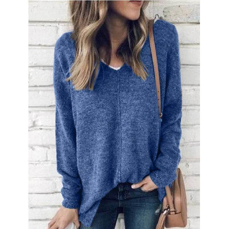 New V Neck Pullover Long Sleeved Plus Size Sweater - Mubimart