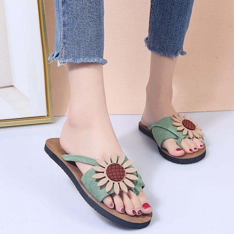 Grote maat slippers voor dames, platte antislip bloemen slippers