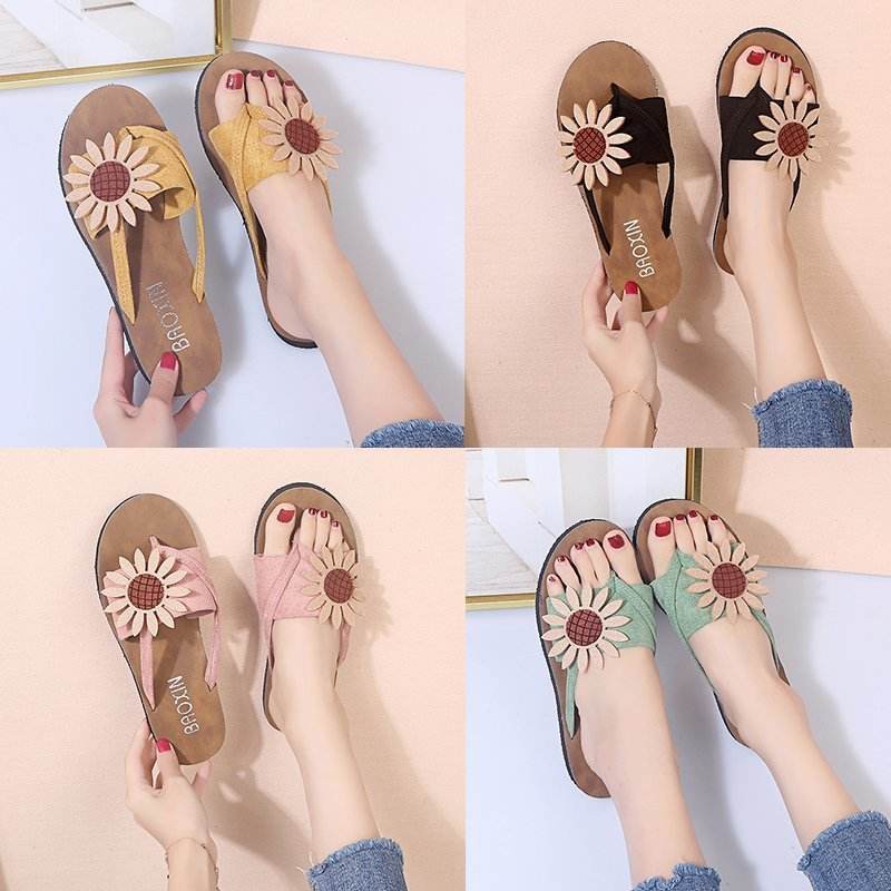 Large Size Flip Flops Women Flat Non Slip Flower Flip Flops - Mubimart