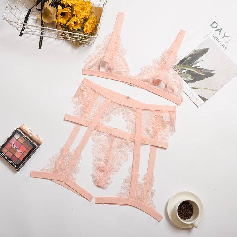 Lace-Up Garter Belt Three-Piece Sexy Suit - Mubimart