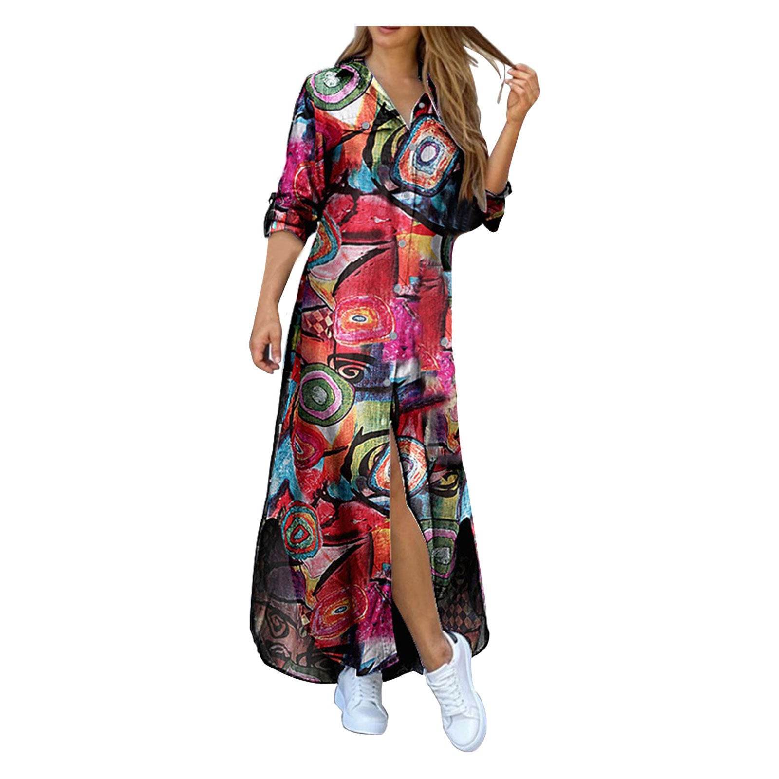 Printed Plus Size Cotton And Linen Shirt Dress - Mubimart