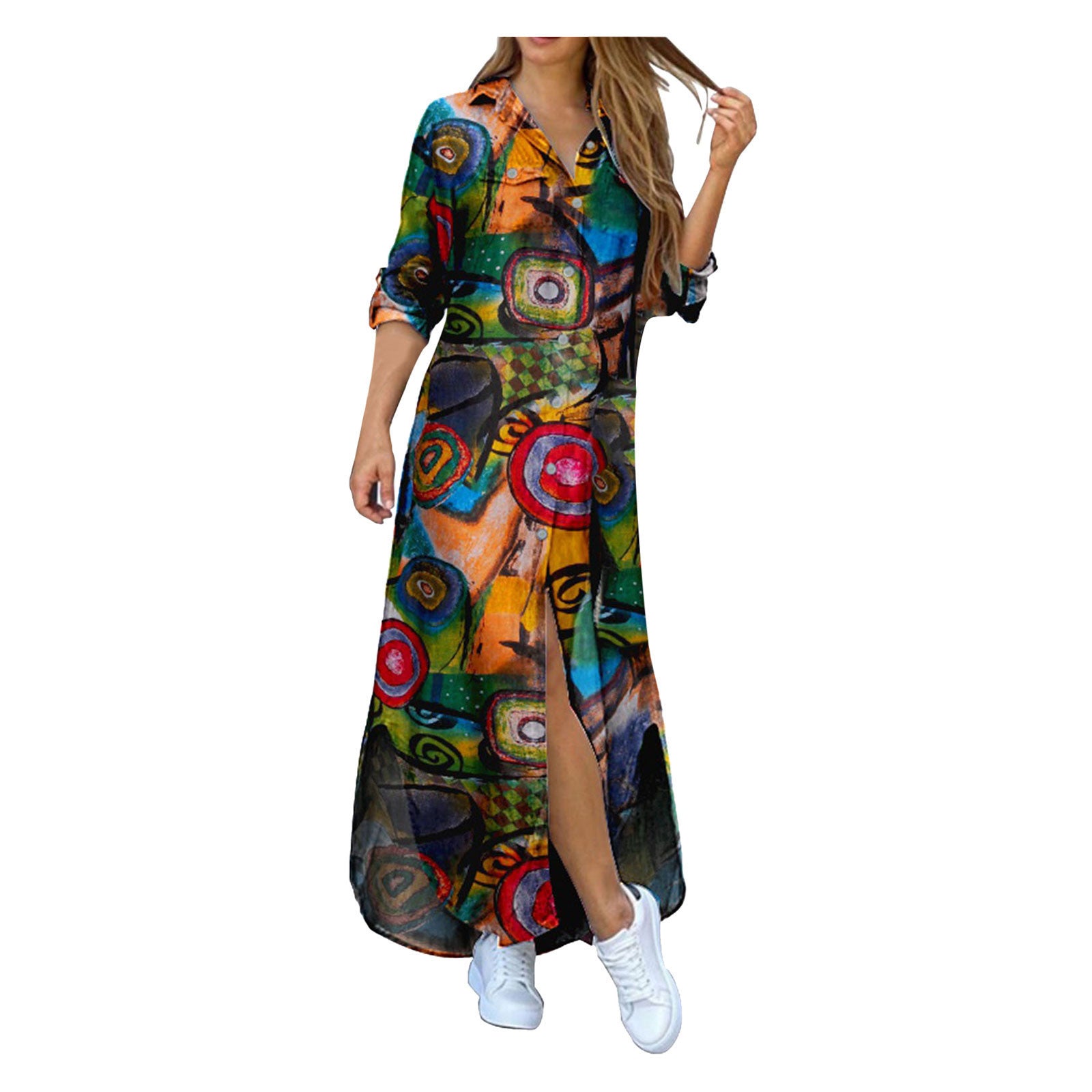 Printed Plus Size Cotton And Linen Shirt Dress - Mubimart -  