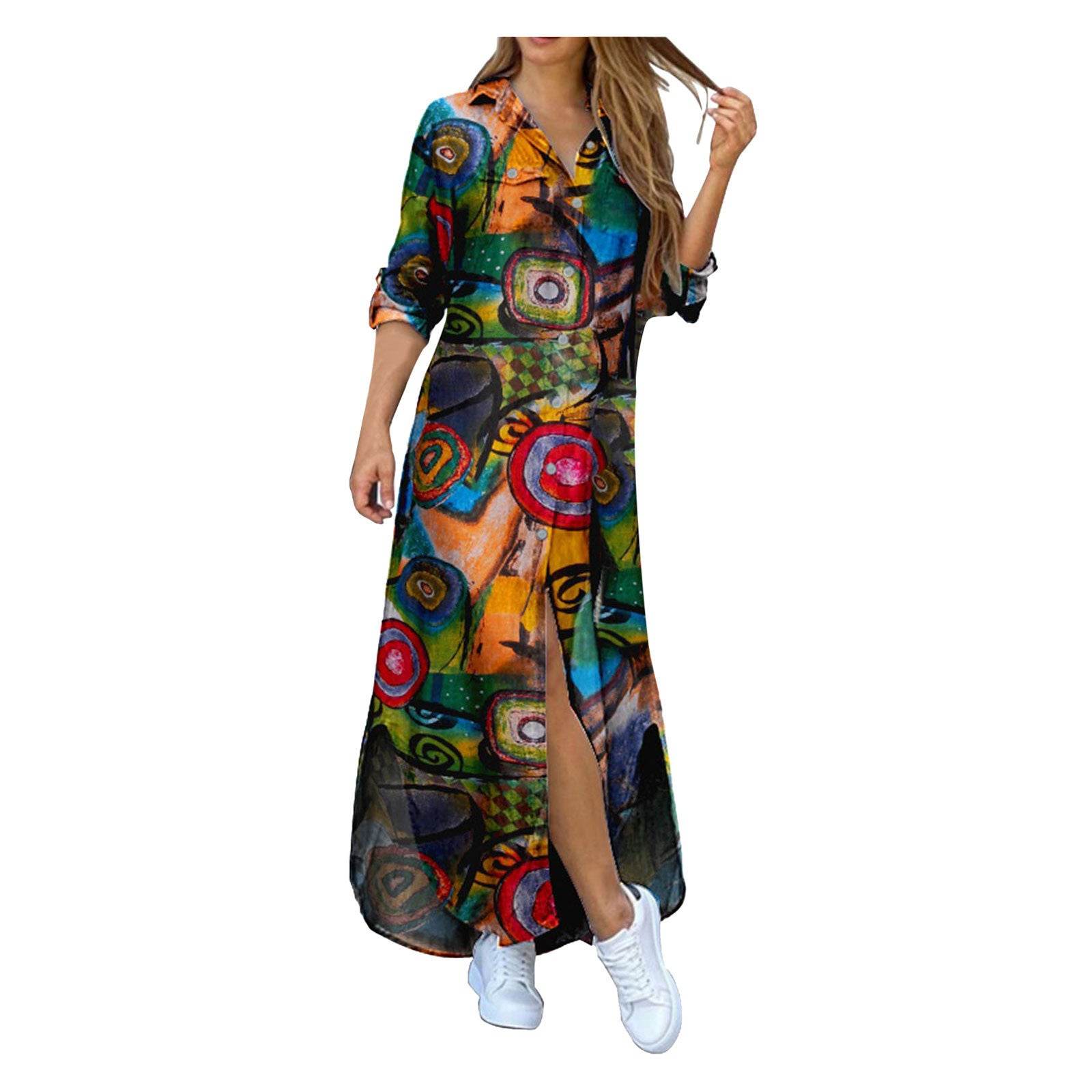 Printed Plus Size Cotton And Linen Shirt Dress - Mubimart