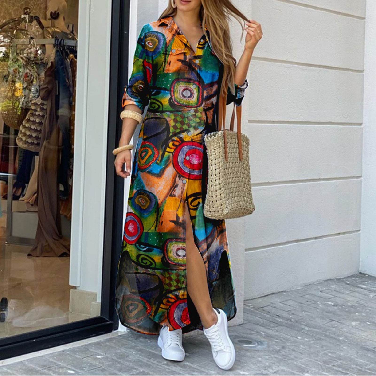 Printed Plus Size Cotton And Linen Shirt Dress - Mubimart