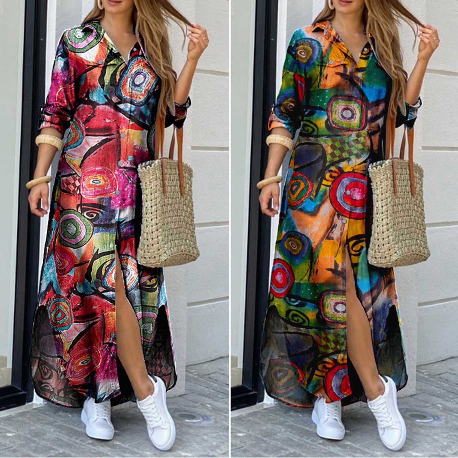 Printed Plus Size Cotton And Linen Shirt Dress - Mubimart - Shirt Dress 