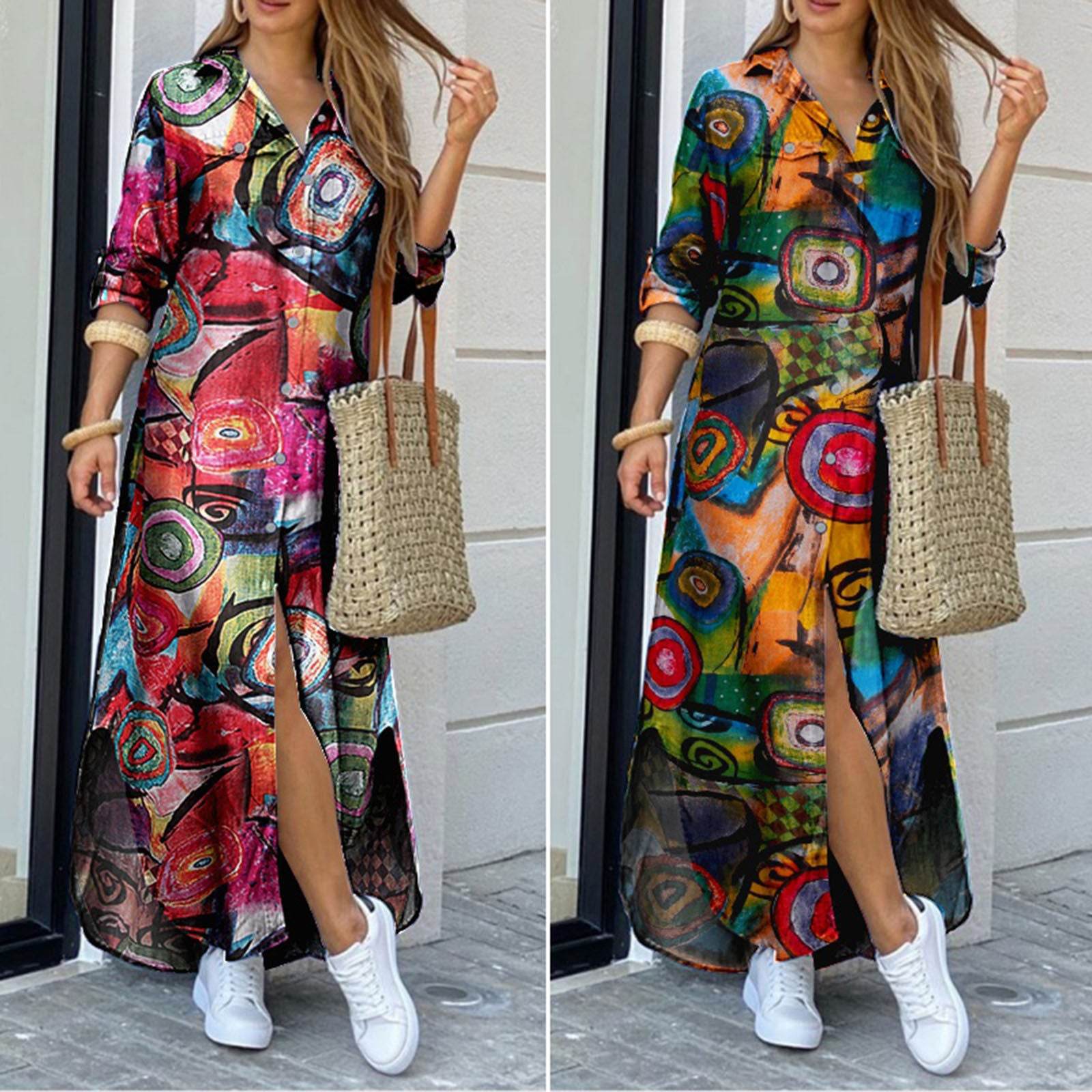 Printed Plus Size Cotton And Linen Shirt Dress - Mubimart