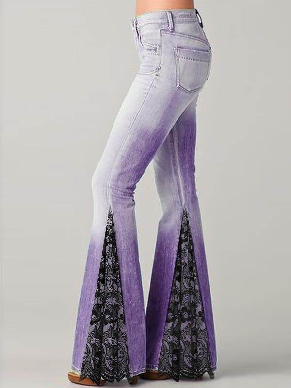Temperament Commuter Floral Print Panelled Flare Jeans - Mubimart