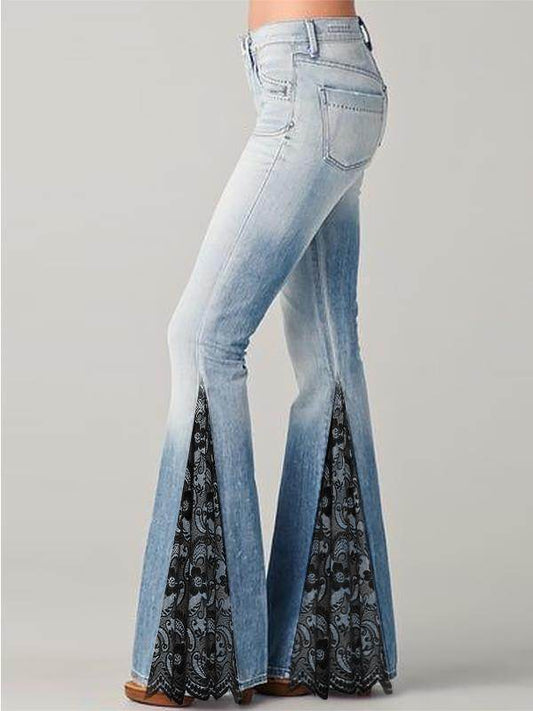 Temperament Commuter Floral Print Panelled Flare Jeans - Mubimart