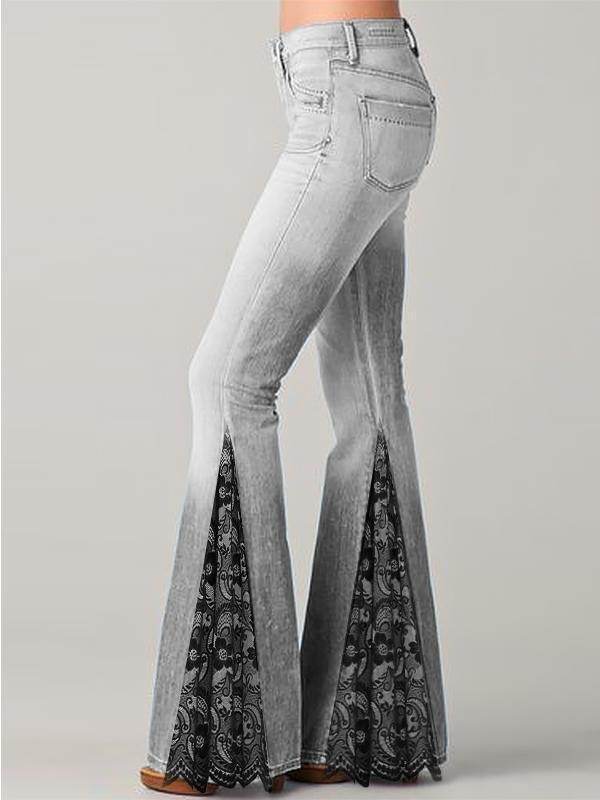 Temperament Commuter Floral Print Panelled Flare Jeans - Mubimart