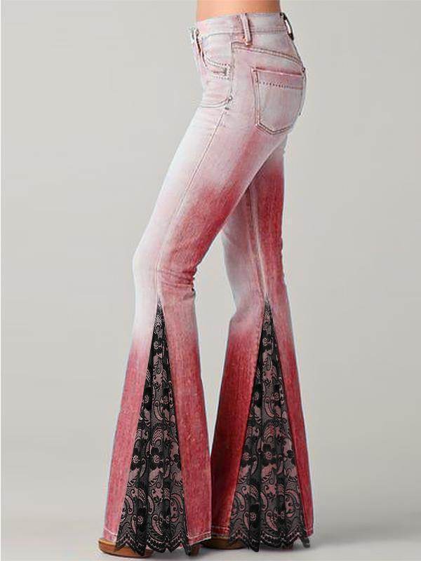 Temperament Commuter Floral Print Panelled Flare Jeans - Mubimart