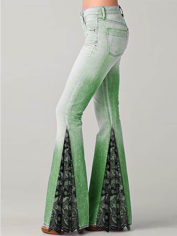 Temperament Commuter Floral Print Panelled Flare Jeans - Mubimart