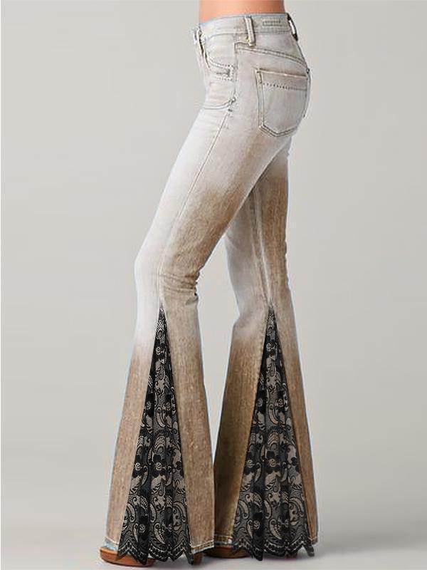 Temperament Commuter Floral Print Panelled Flare Jeans - Mubimart