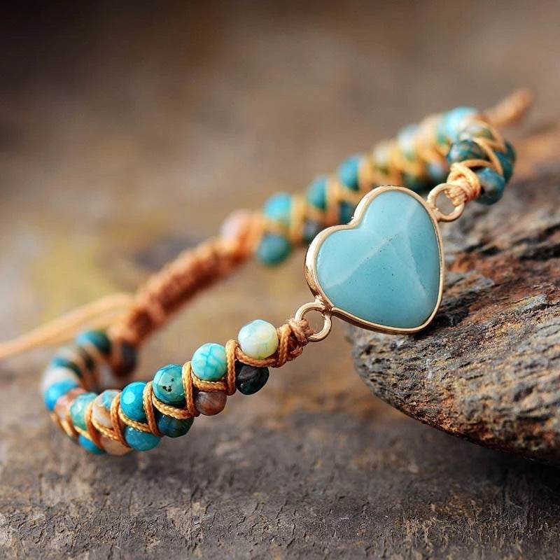 Classic Heart Shape Charm Bracelets Amazonite String Braided Macrame Wristband Teengirls Wrap Bracelet Femme Women Jewelry - Mubimart