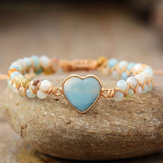 Classic Heart Shape Charm Bracelets Amazonite String Braided Macrame Wristband Teengirls Wrap Bracelet Femme Women Jewelry - Mubimart