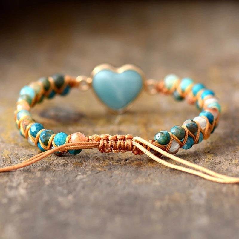 Classic Heart Shape Charm Bracelets Amazonite String Braided Macrame Wristband Teengirls Wrap Bracelet Femme Women Jewelry - Mubimart