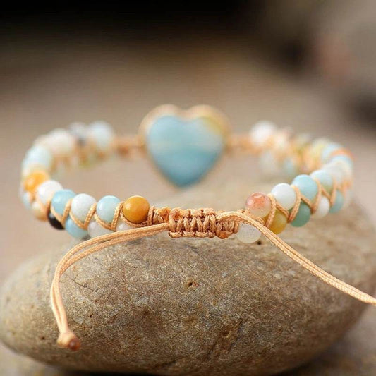 Classic Heart Shape Charm Bracelets Amazonite String Braided Macrame Wristband Teengirls Wrap Bracelet Femme Women Jewelry - Mubimart
