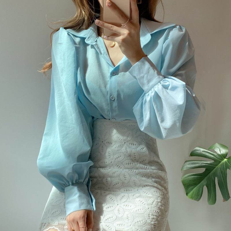 Lapel Single-Breasted Blouse With Lantern Sleeves Women - Mubimart