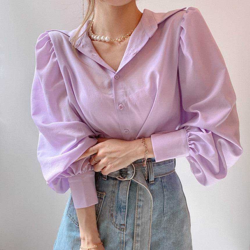 Lapel Single-Breasted Blouse With Lantern Sleeves Women - Mubimart