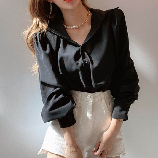 Lapel Single-Breasted Blouse With Lantern Sleeves Women - Mubimart