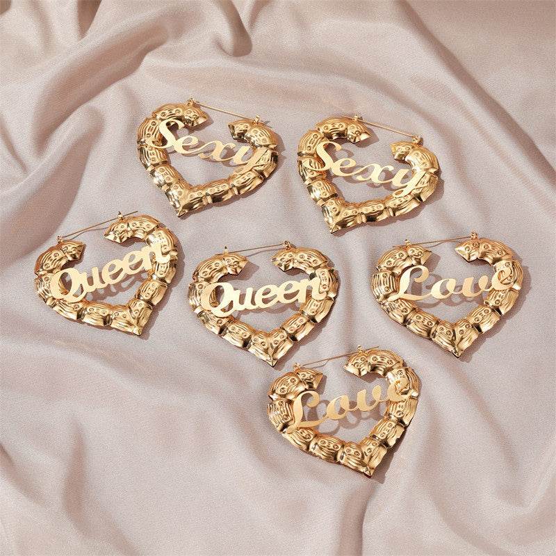 Personality Women Fashion Bamboo Hoop Earrings Letter Queen Love Sexy Dangle Earrings - Mubimart
