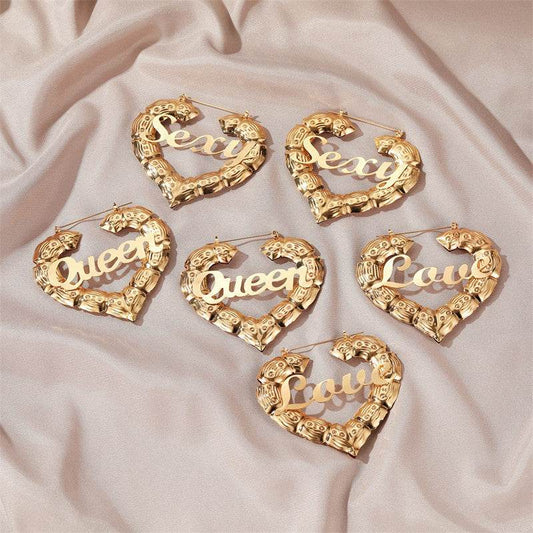 Personality Women Fashion Bamboo Hoop Earrings Letter Queen Love Sexy Dangle Earrings - Mubimart