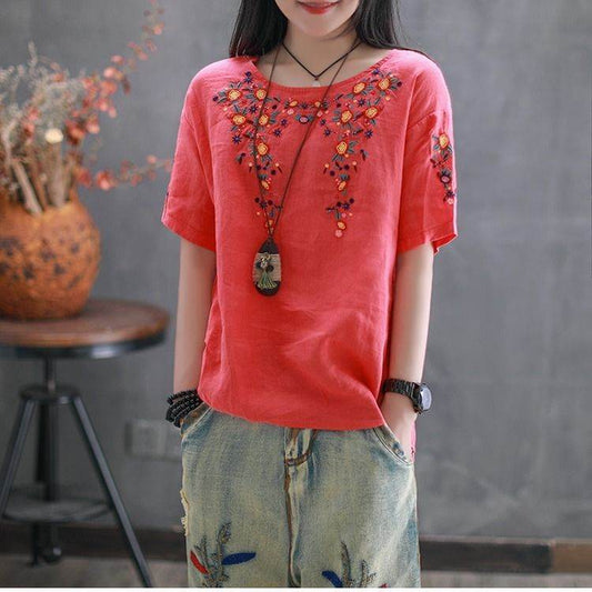 Summer New Round Neck Short-Sleeved Blouse Women - Mubimart