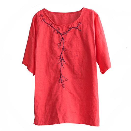 Summer New Round Neck Short-Sleeved Blouse Women - Mubimart