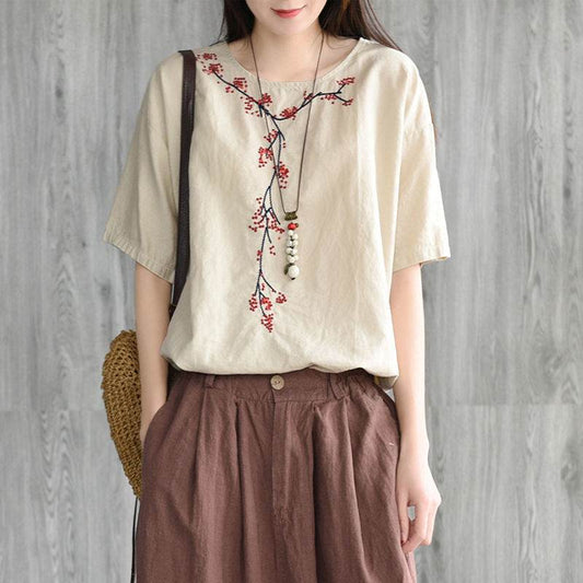 Summer New Round Neck Short-Sleeved Blouse Women - Mubimart