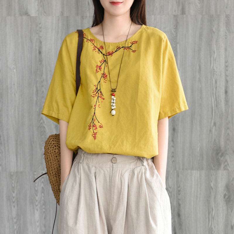 Summer New Round Neck Short-Sleeved Blouse Women - Mubimart