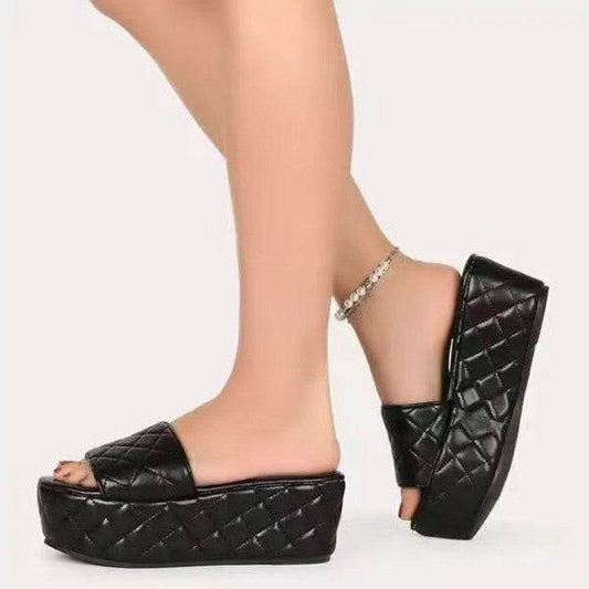 Solid Plaid Platform Sandals Women Shoes Hot Thick Sole Slipper Summer Autumn Slides Plus Size 43 Zapatillas Mujer Casa - Mubimart