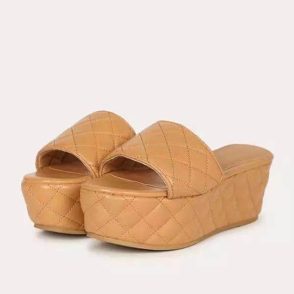 Solid Plaid Platform Sandals Women Shoes Hot Thick Sole Slipper Summer Autumn Slides Plus Size 43 Zapatillas Mujer Casa - Mubimart