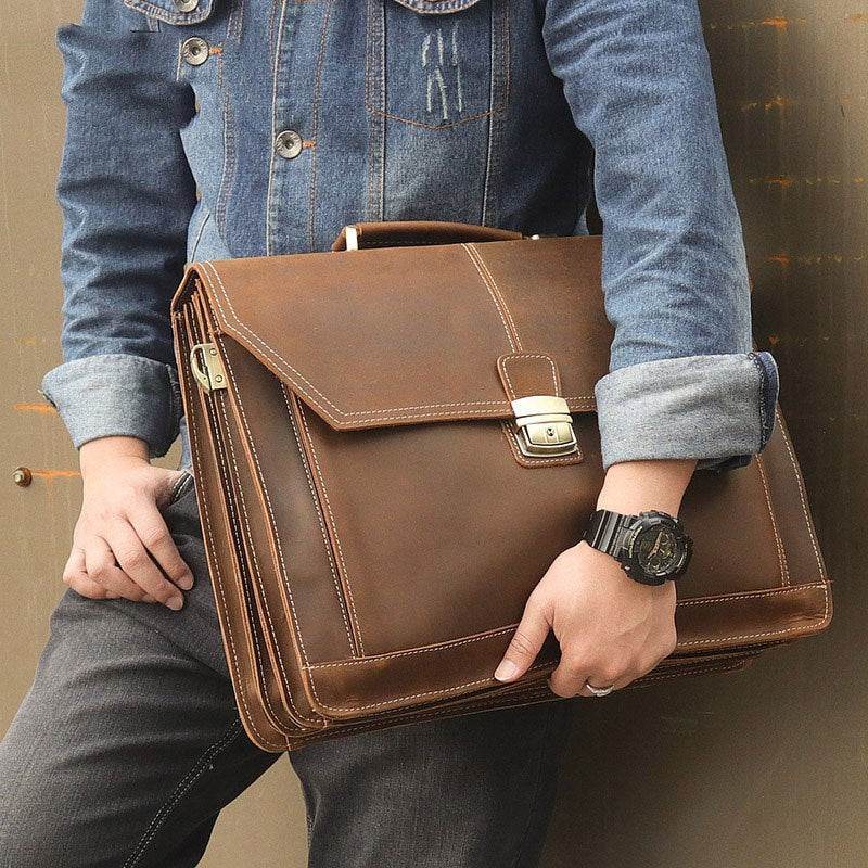 Crazy Horse Leather Briefcase - Mubimart