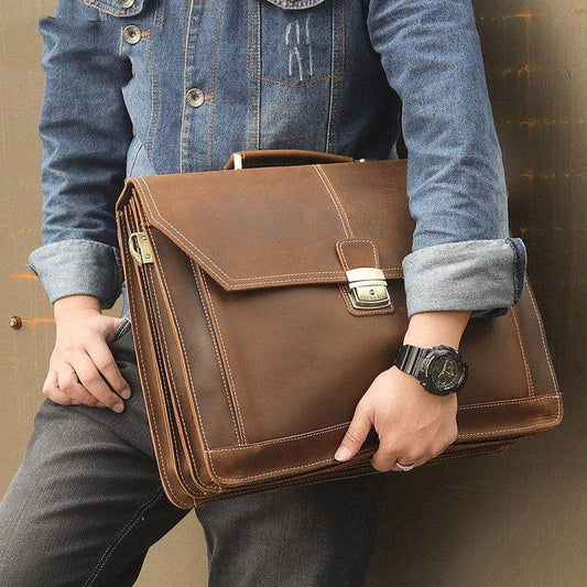 Crazy Horse Leather Briefcase - Mubimart