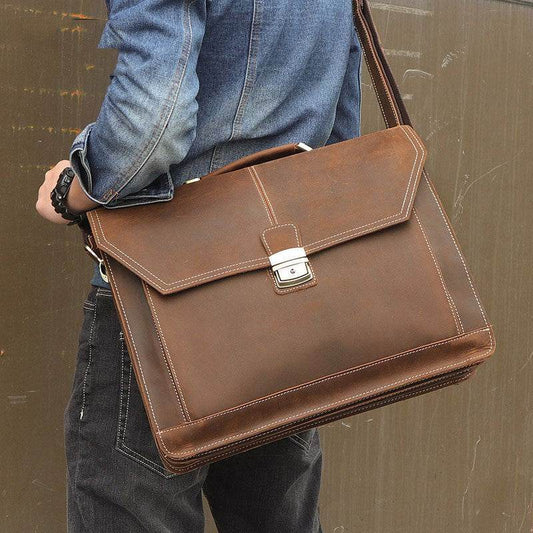 Crazy Horse Leather Briefcase - Mubimart