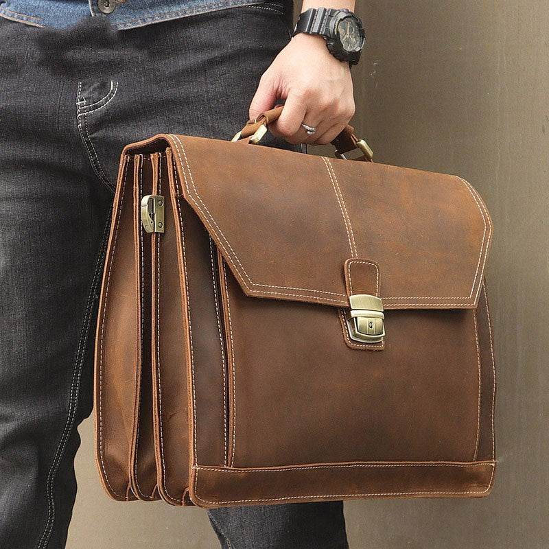 Crazy Horse Leather Briefcase - Mubimart