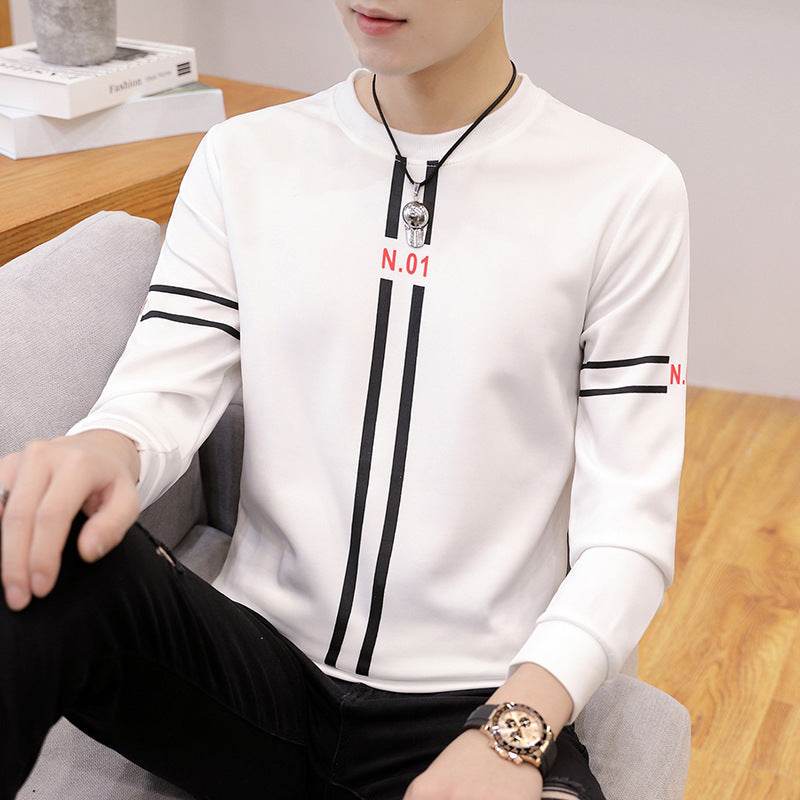Spring and Autumn New mens printed long-sleeved T-shirt teen round neck bottom top fashion casual mens clothing - Mubimart