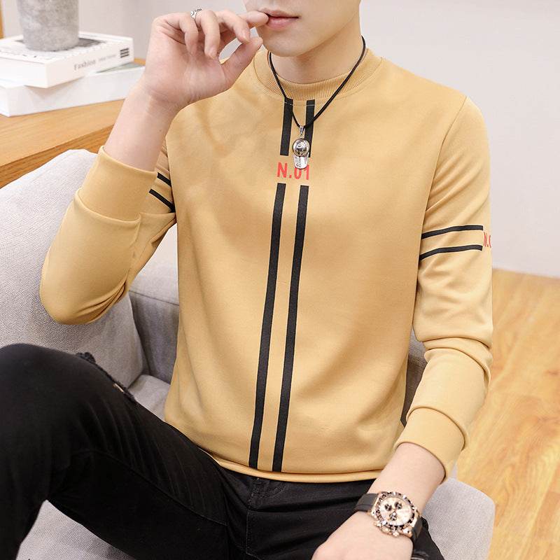 Spring and Autumn New mens printed long-sleeved T-shirt teen round neck bottom top fashion casual mens clothing - Mubimart