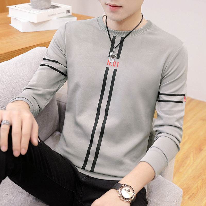 Spring and Autumn New mens printed long-sleeved T-shirt teen round neck bottom top fashion casual mens clothing - Mubimart