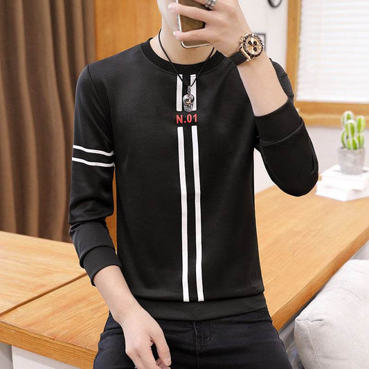 Spring and Autumn New mens printed long-sleeved T-shirt teen round neck bottom top fashion casual mens clothing - Mubimart