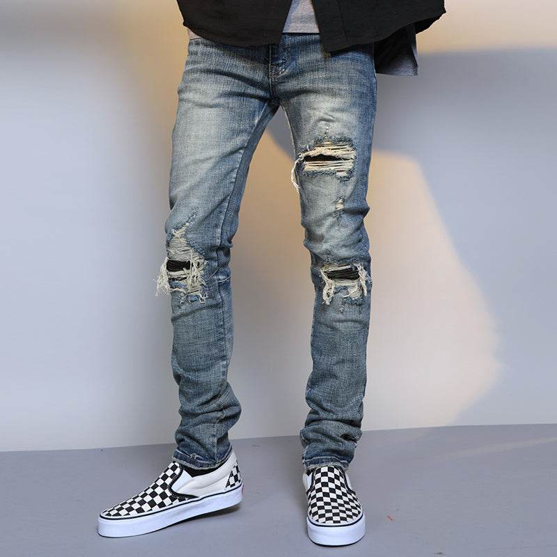 Mens Ripped Washed Blue Denim Jeans - Mubimart