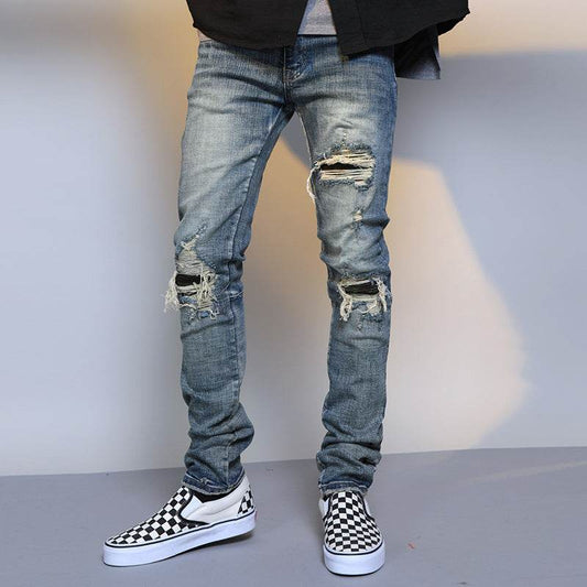 Mens Ripped Washed Blue Denim Jeans - Mubimart