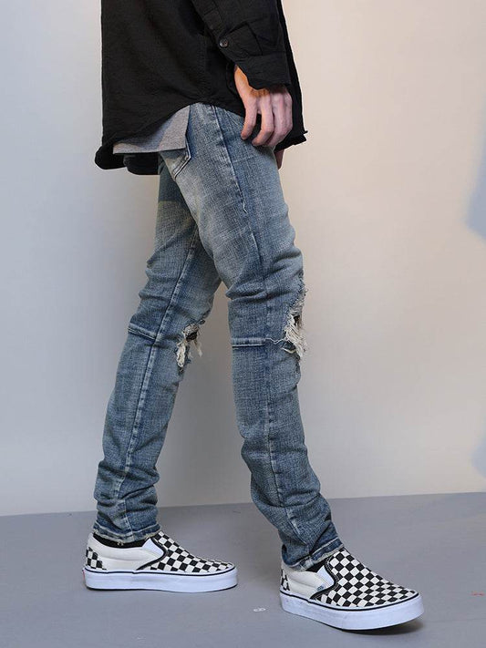 Mens Ripped Washed Blue Denim Jeans - Mubimart