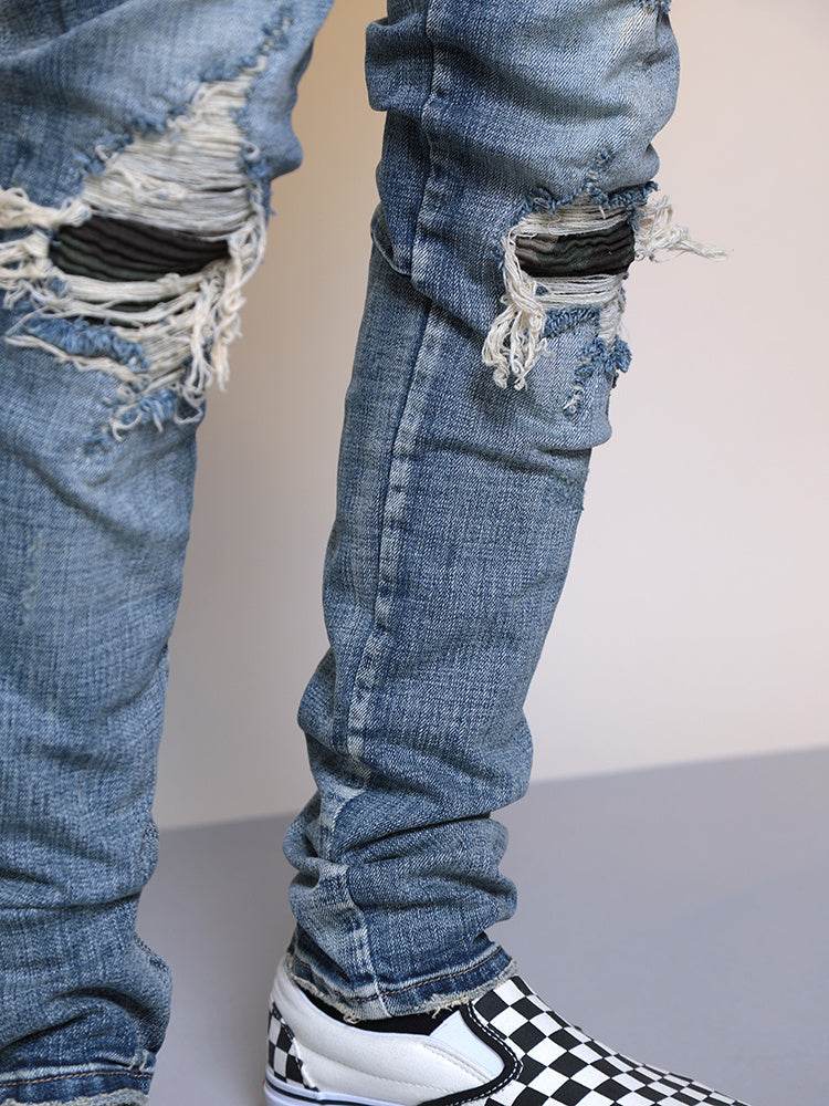 Mens Ripped Washed Blue Denim Jeans - Mubimart